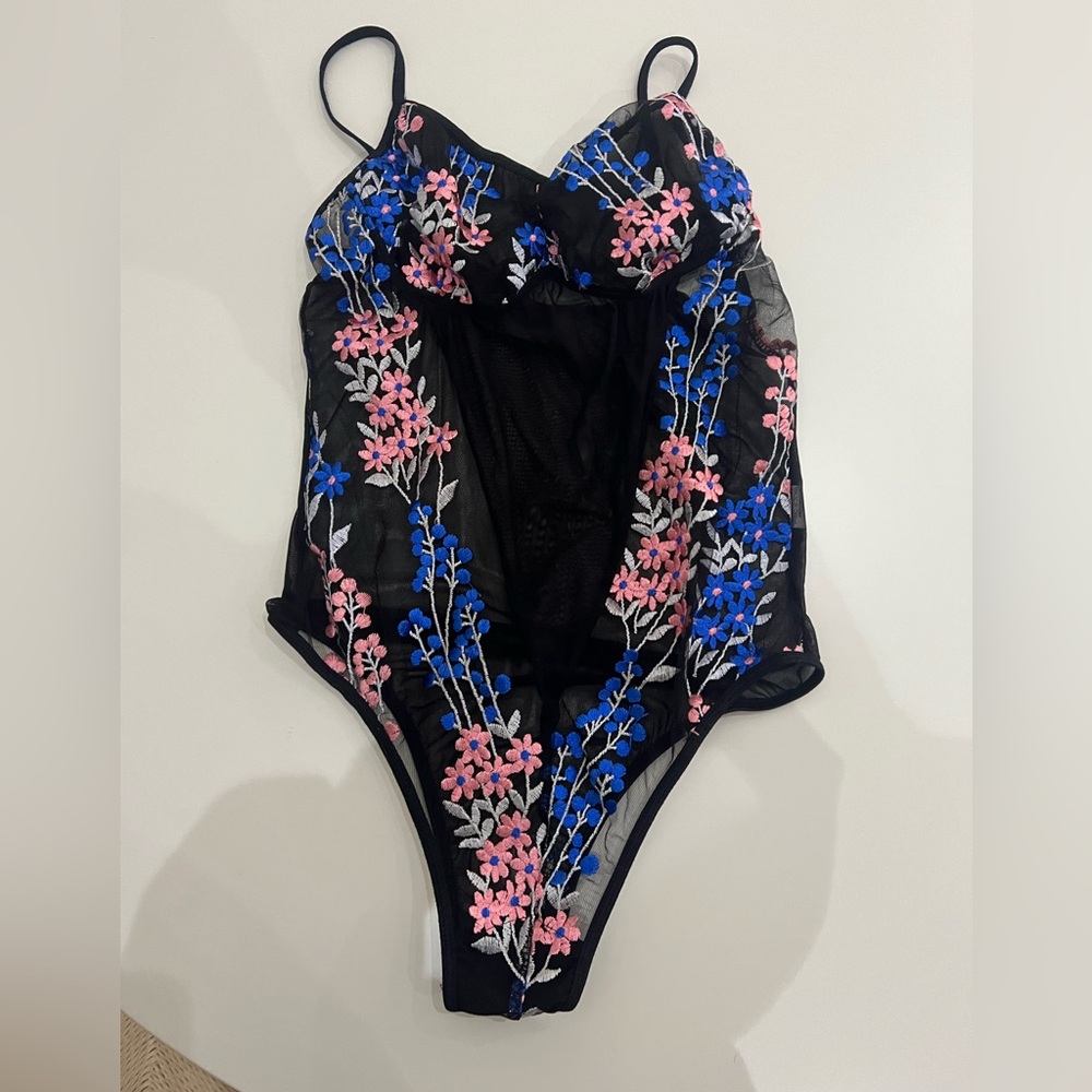Floral and mesh embroidered bodysuit